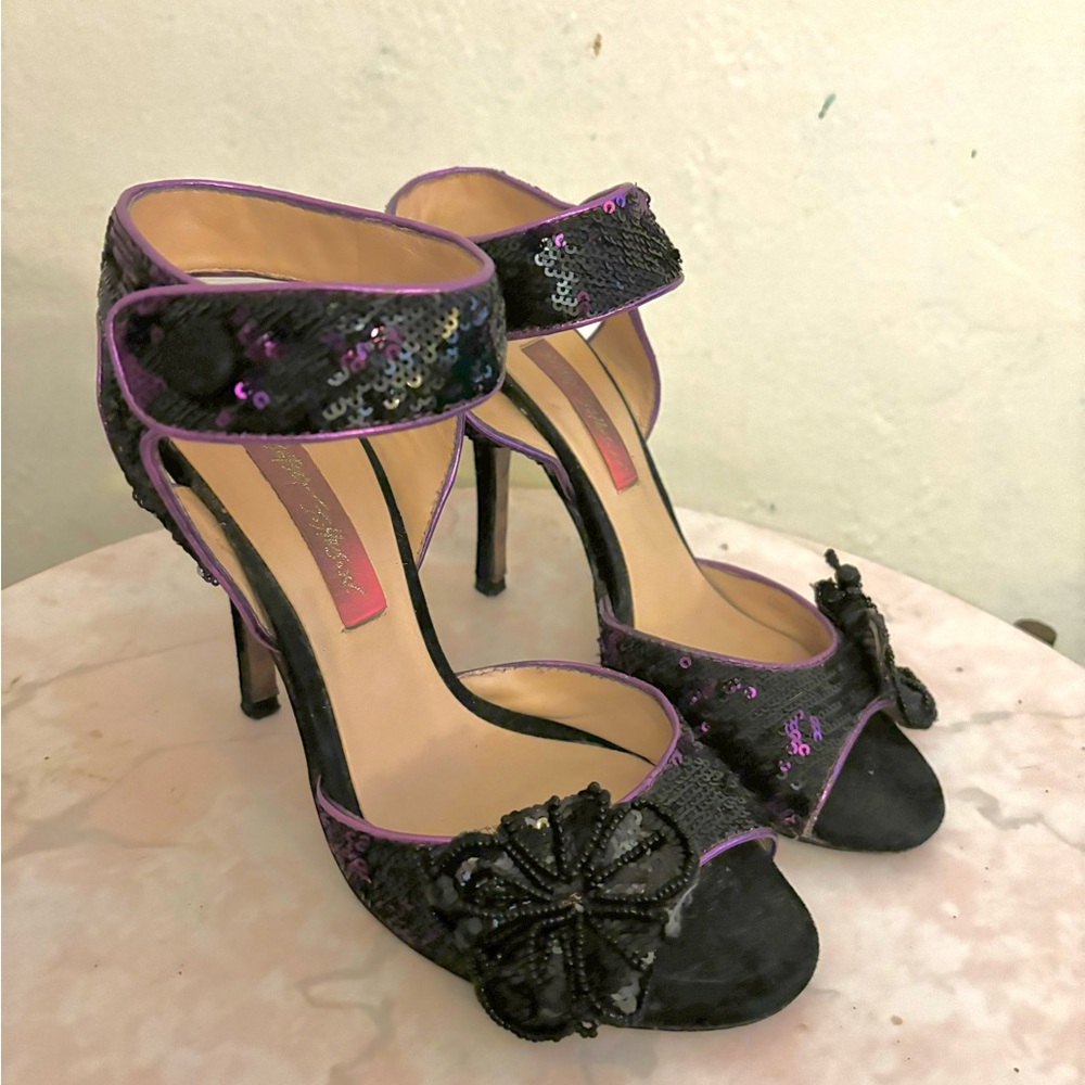 Betsey Johnson Purple & Black Sequin Beaded Flower Heels
